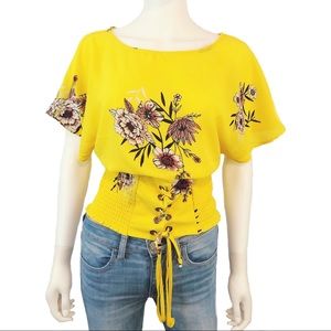 OLM | Yellow Lace Up Floral Top